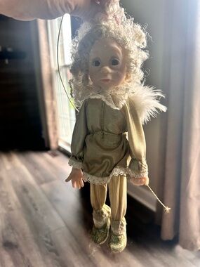 Gold Fairy Hanging Doll with Curly Hair and Feathered Wings